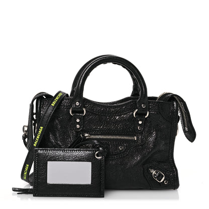 Balenciaga Agneau Classic Silver Hardware Nano City Logo Strap Black Fluo Yellow 1 of 11
