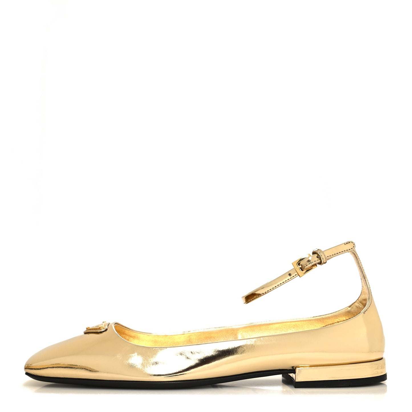 Metallic Calfskin Metal Triangle Logo Ankle Strap Ballerinas 37 Platino