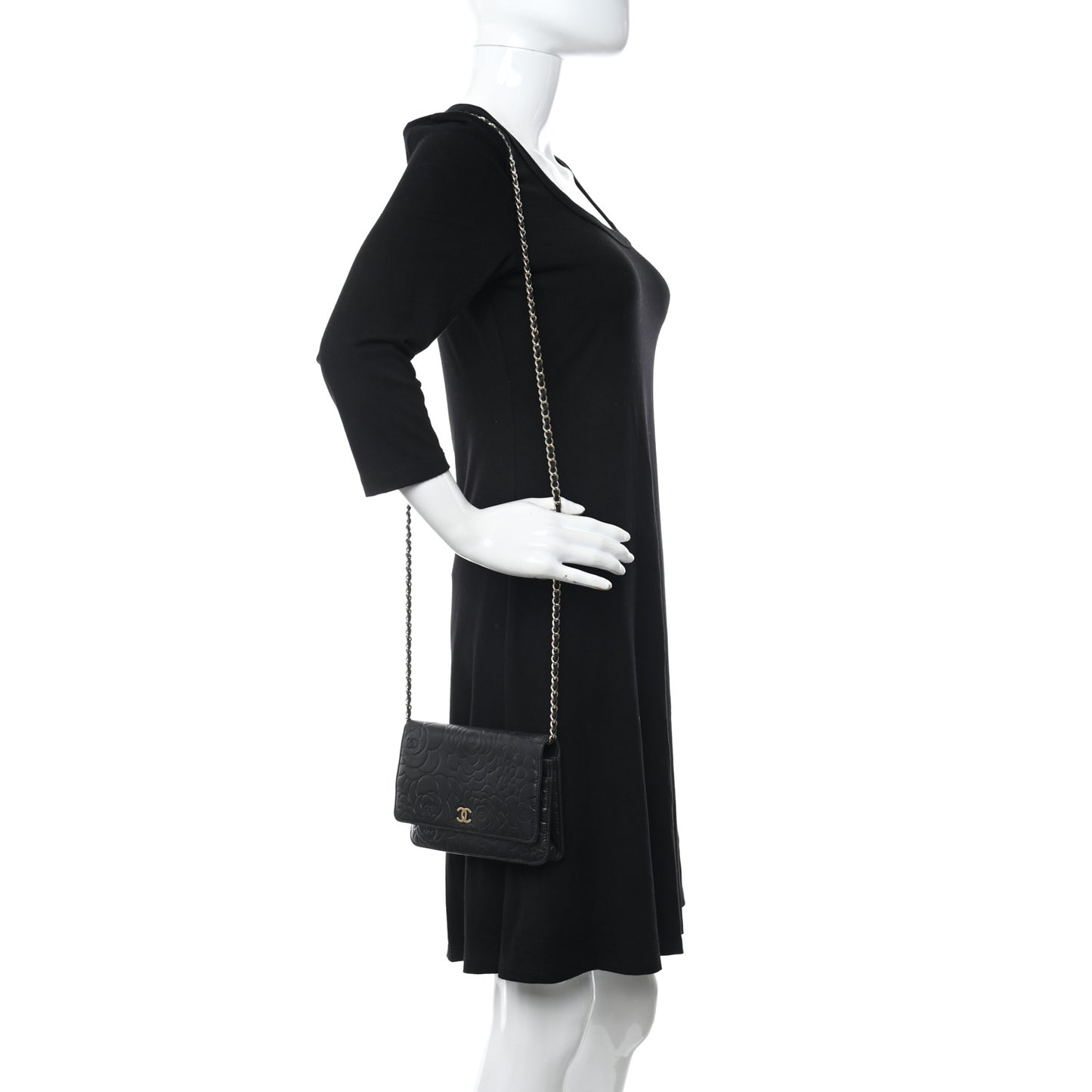Lambskin Camellia Embossed Wallet on Chain WOC Black