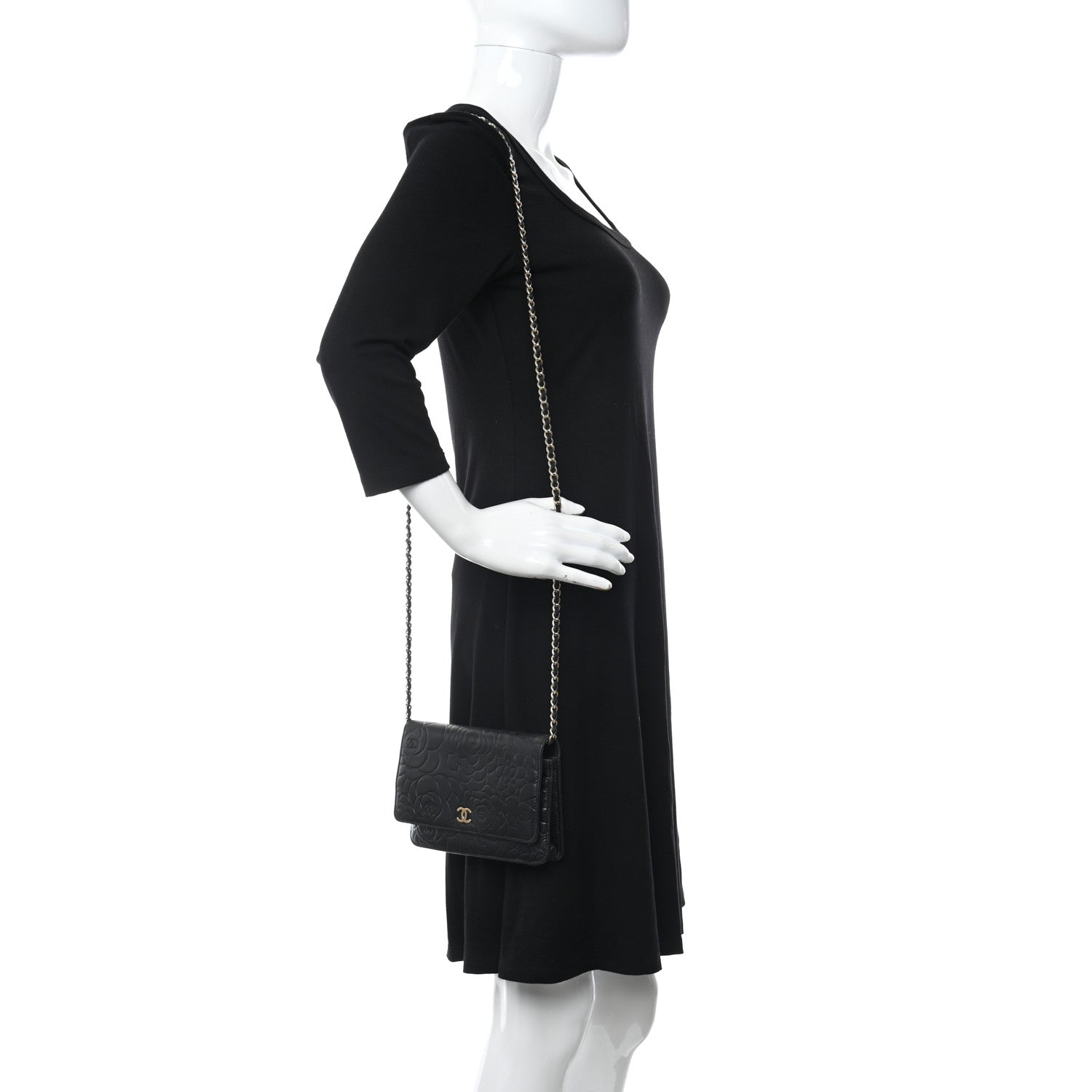 Chanel Lambskin Camellia Embossed Wallet on Chain WOC Black 2 of 10