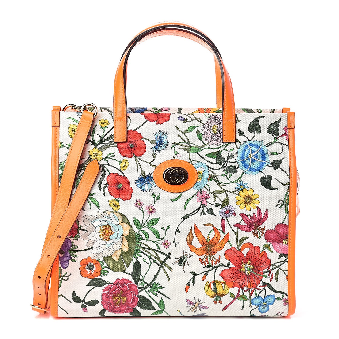 Canvas Medium Flora Tote White Multicolor Orange Fluo