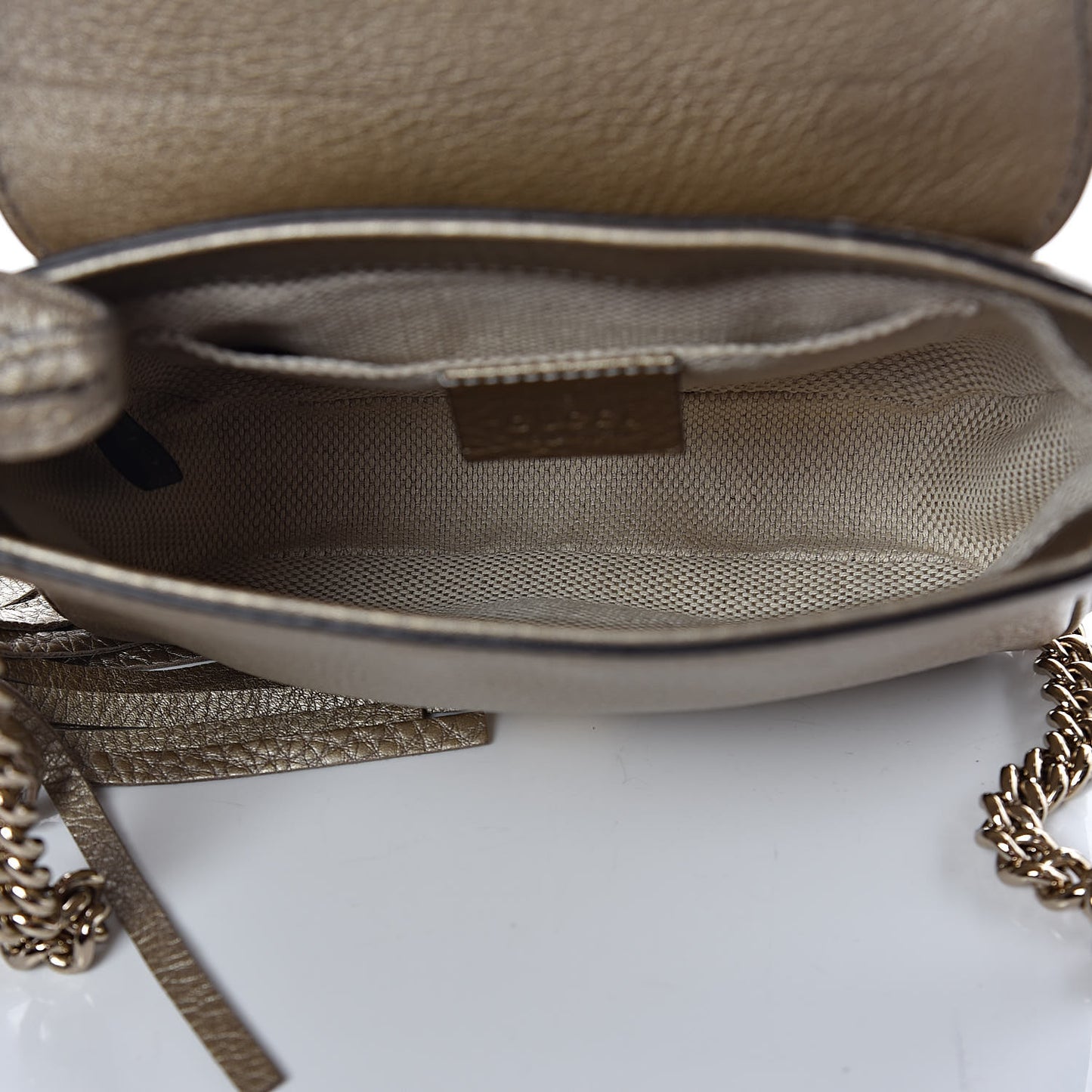 Metallic Pebbled Calfskin Small Soho Flap Crossbody Golden Beige