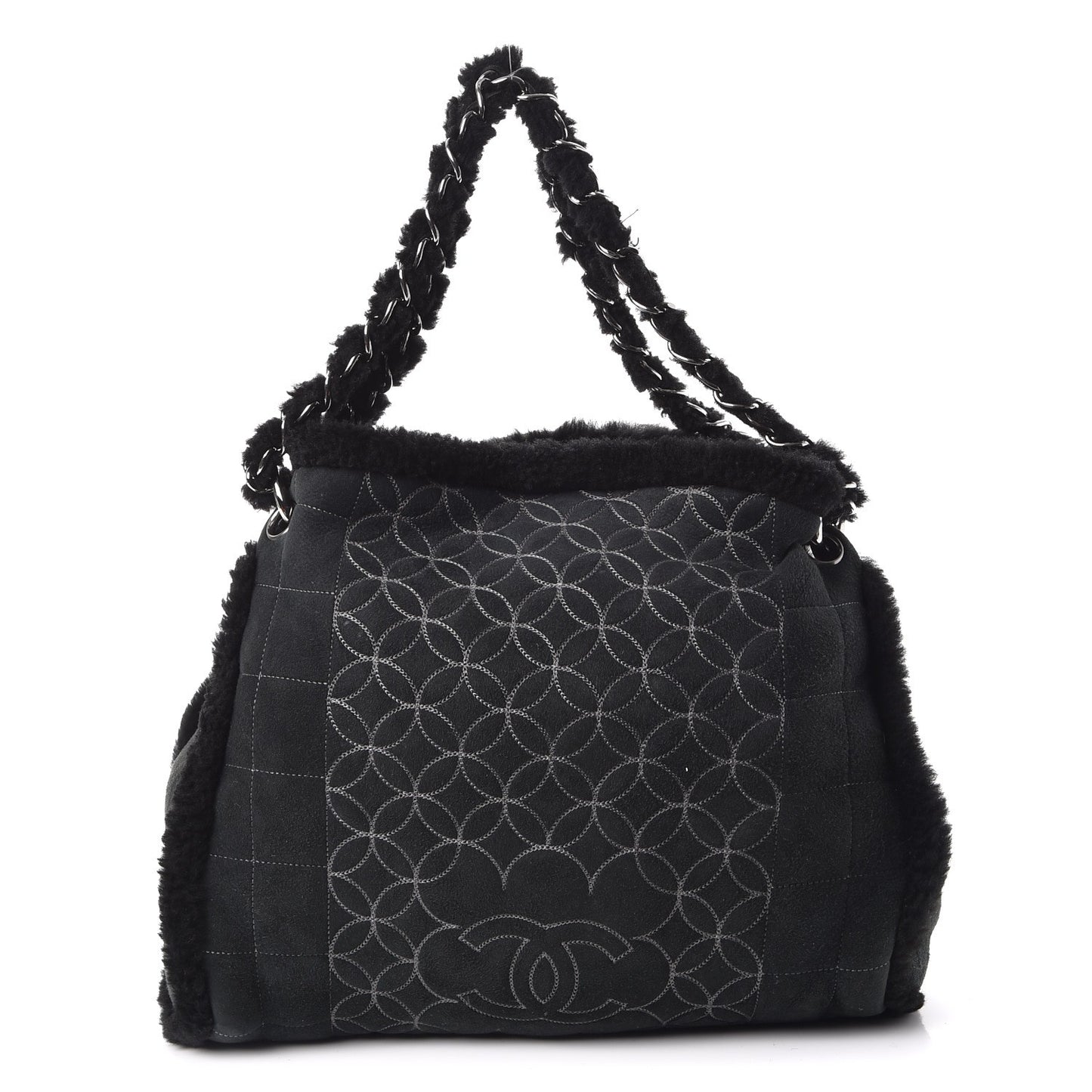Shearling Suede Stiched CC Tote Black