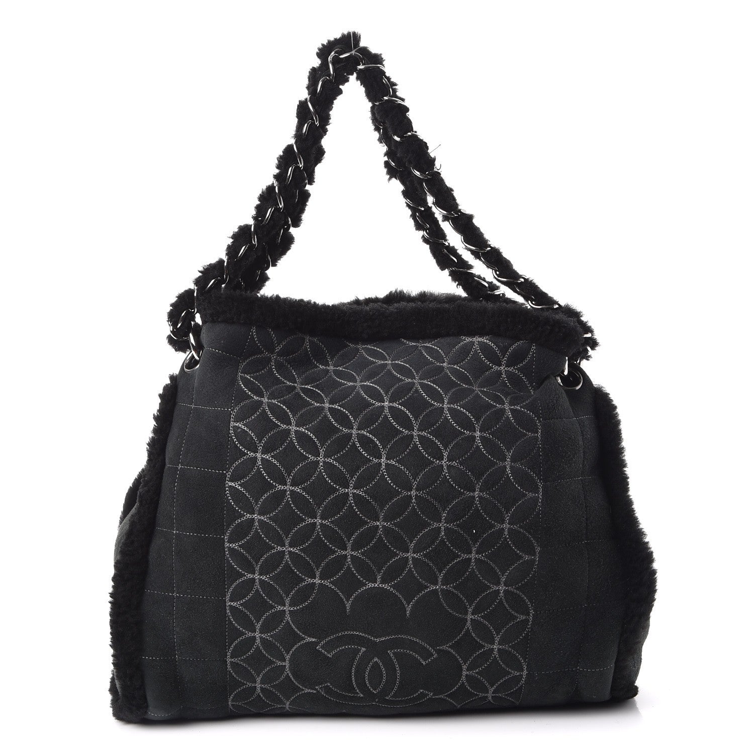 Chanel Shearling Suede Stiched CC Tote Black 1 of 11