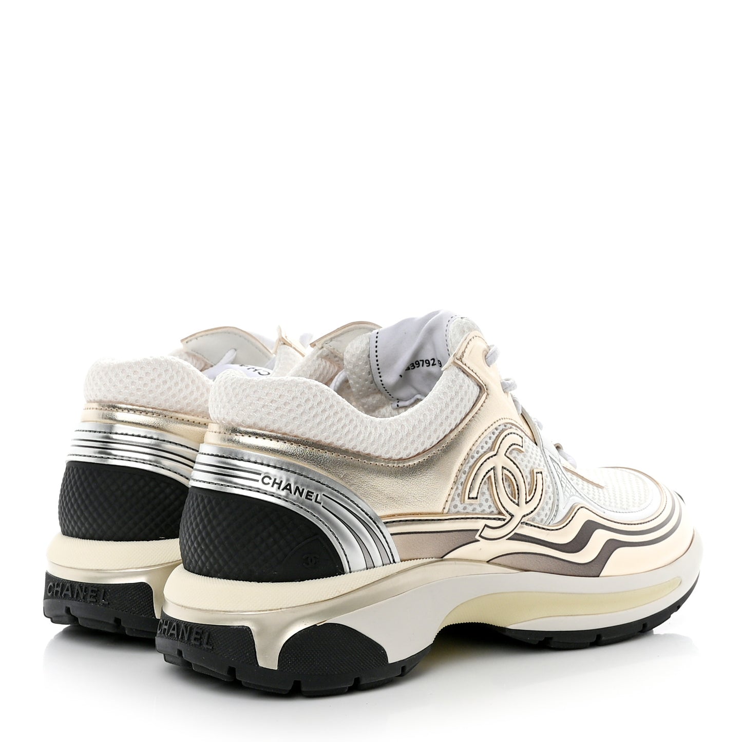 Fabric Laminated Calfskin Stretch CC Womens Sneakers 38 White Gold Silver