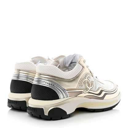 Chanel Fabric Laminated Calfskin Stretch CC Womens Sneakers 38 White Gold Silver 4 of 9