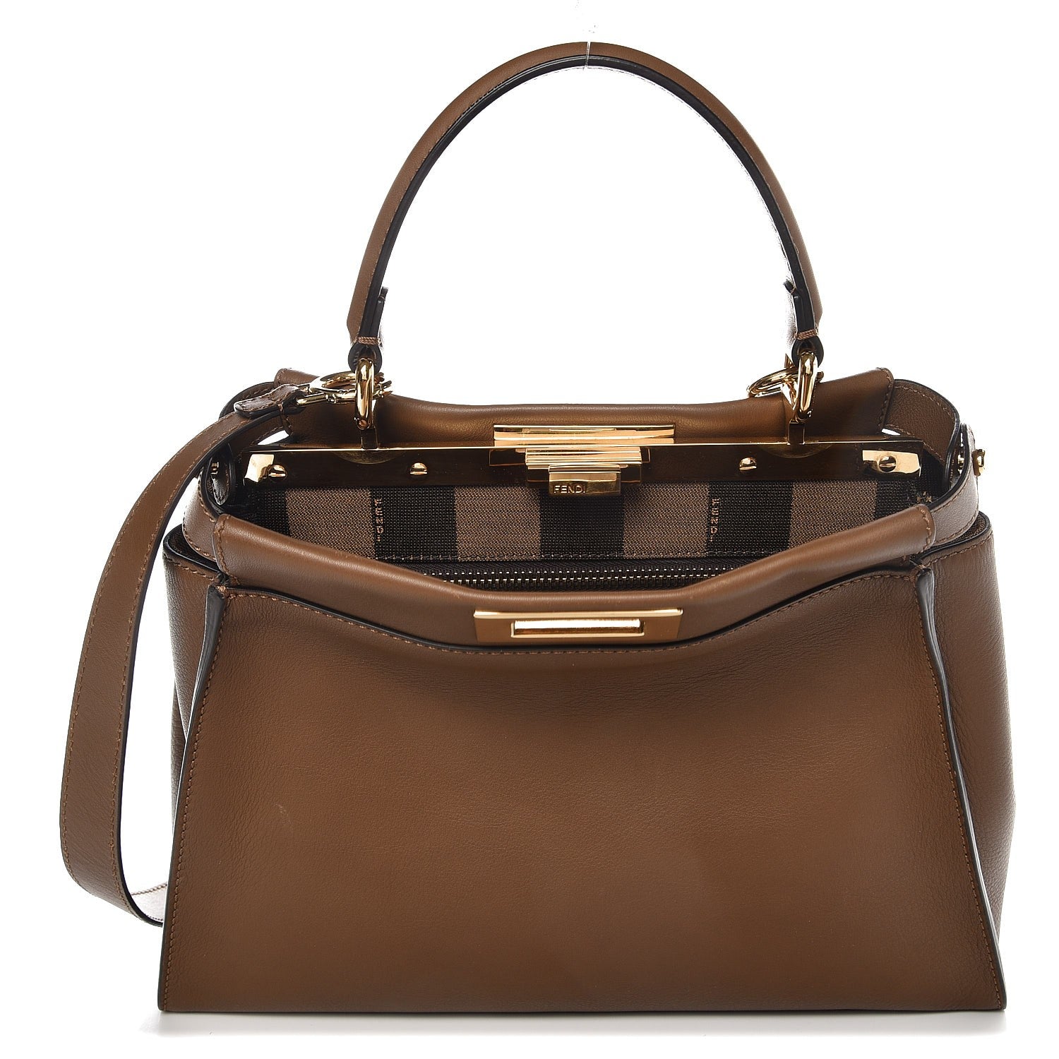 Fendi Vitello Seta Fabric Jacquard Pequin Medium Peekaboo Iconic Satchel Foresta Tobacco 1 of 8
