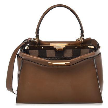 Fendi Vitello Seta Fabric Jacquard Pequin Medium Peekaboo Iconic Satchel Foresta Tobacco 1 of 8