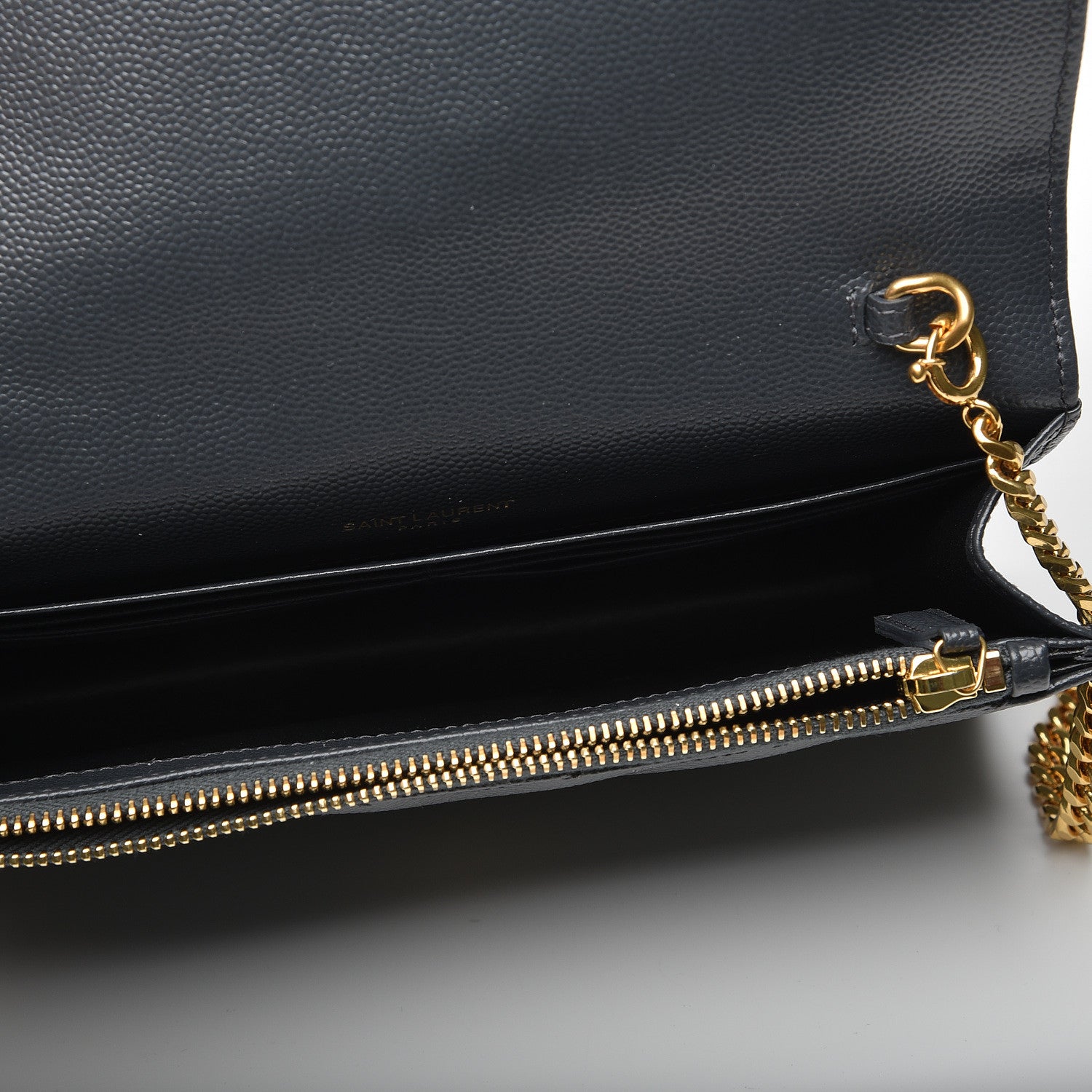 Saint Laurent Grain De Poudre Matelasse Chevron Monogram Envelope Chain Wallet Dark Smog 4 of 9