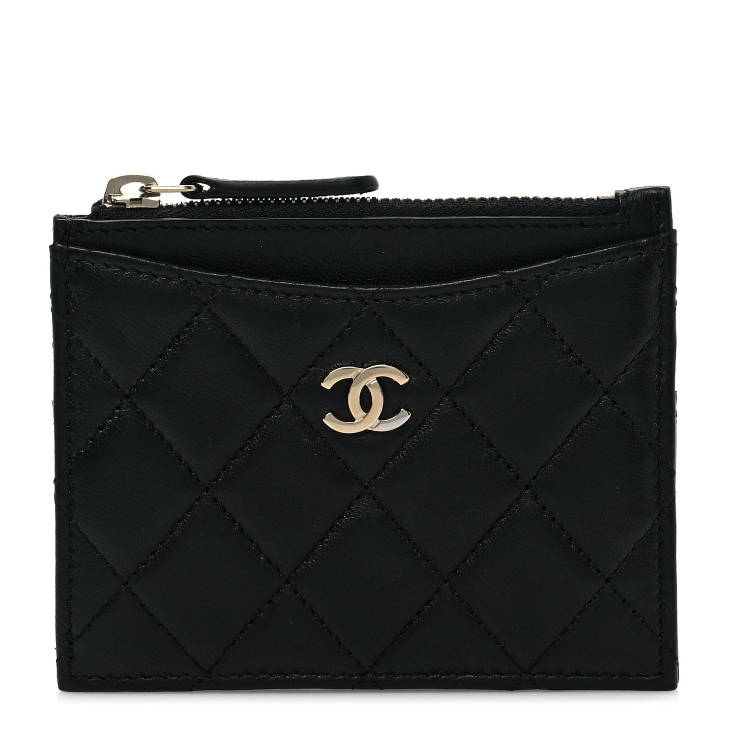 Lambskin Quilted CC Zip Card Holder Black