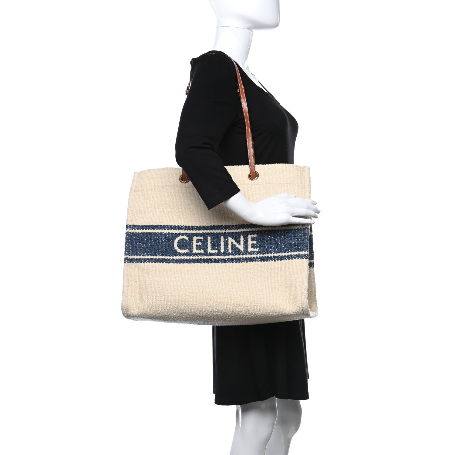 Celine Canvas Calfskin Jacquard Vertical Cabas Blue Tan 2 of 8