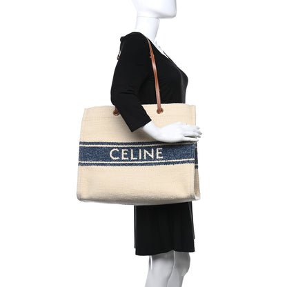 Celine Canvas Calfskin Jacquard Vertical Cabas Blue Tan 2 of 8