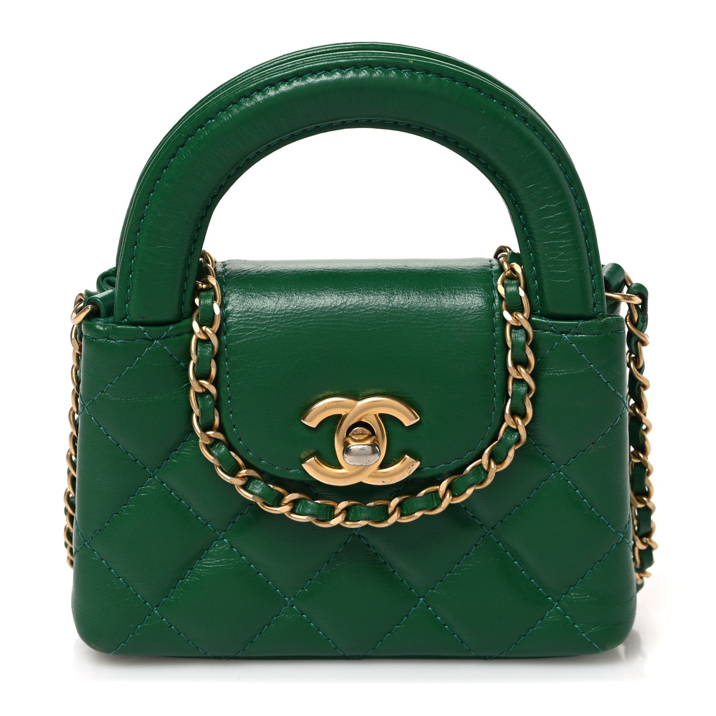 Shiny Aged Calfskin Quilted Mini Nano Kelly Shopper Green