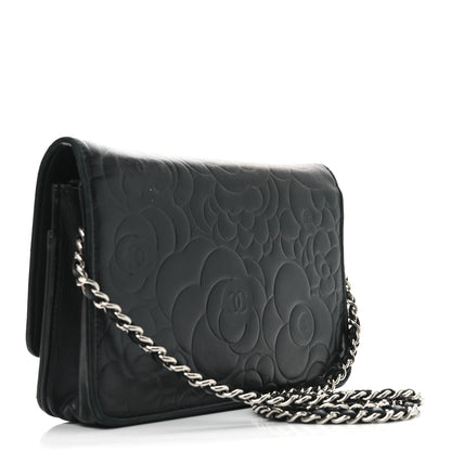 Chanel Lambskin Camellia Embossed Wallet on Chain WOC Black 3 of 11