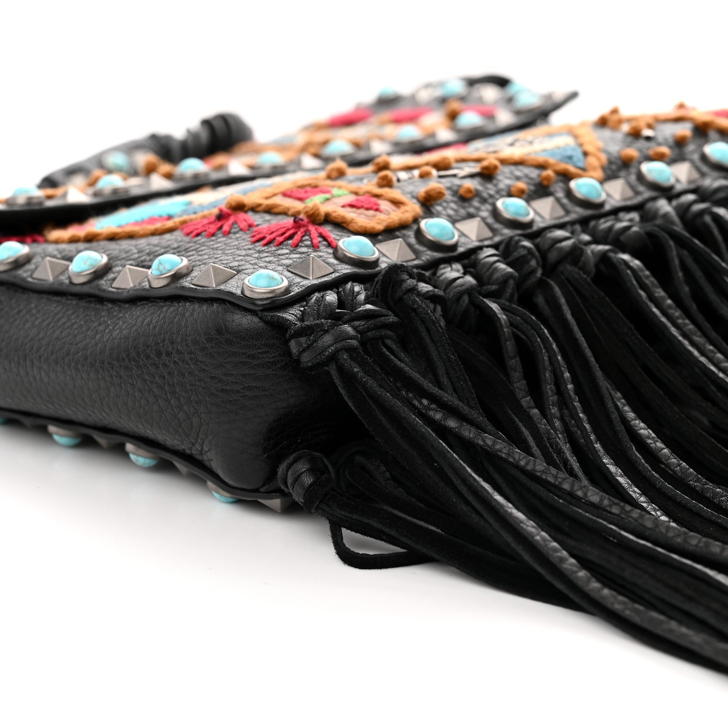 Pebbled Calfskin Embroidered Rockstud Rolling Fringe Messenger Black