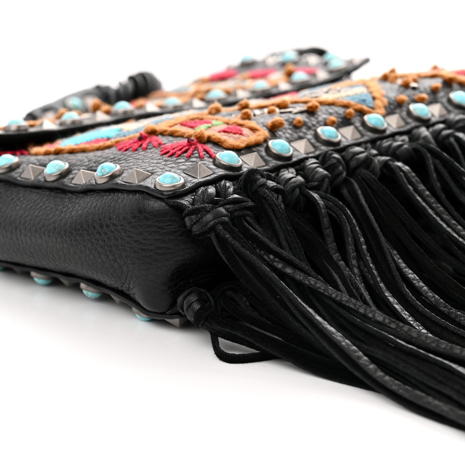 Valentino Garavani Pebbled Calfskin Embroidered Rockstud Rolling Fringe Messenger Black 8 of 15