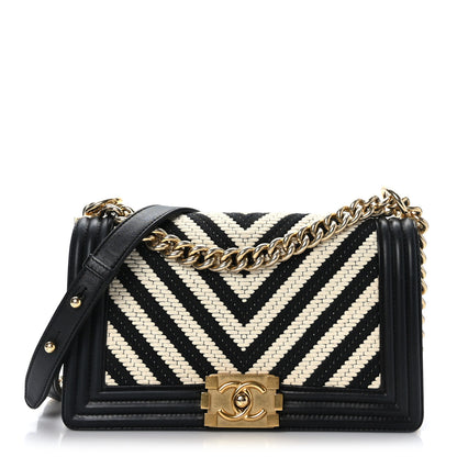 Chanel Fabric Chevron Braided Medium Boy Flap Black White 1 of 9
