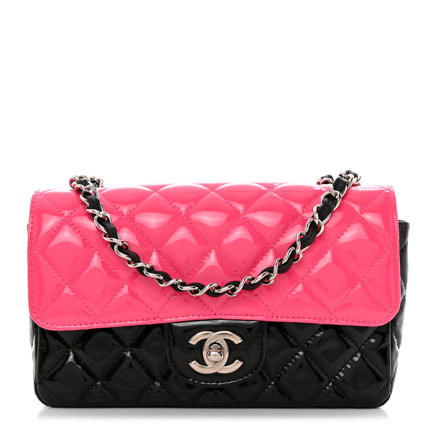 Chanel Patent Calfskin Quilted Bi-Color Mini Rectangular Flap Pink Black 1 of 10