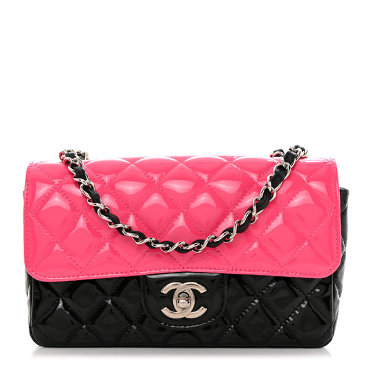 Patent Calfskin Quilted Bi-Color Mini Rectangular Flap Pink Black