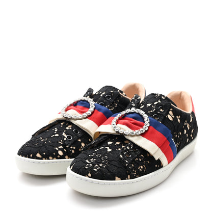 Gucci Lace Crystal Sylvie Web Flower Leaf Womens Ace Sneakers 37 Black Tan Beige 4 of 11