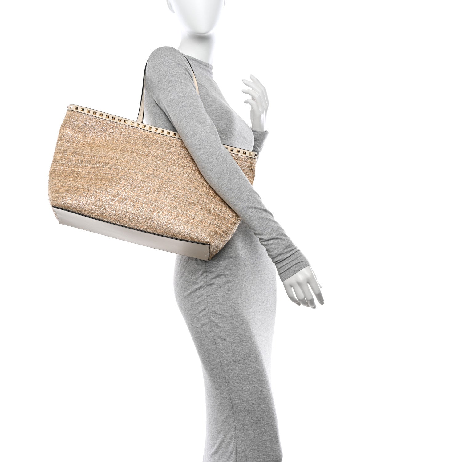 Valentino Garavani Metallic Boucle Raffia Calfskin Rockstud Shoulder Tote White Gold Ivory 2 of 11