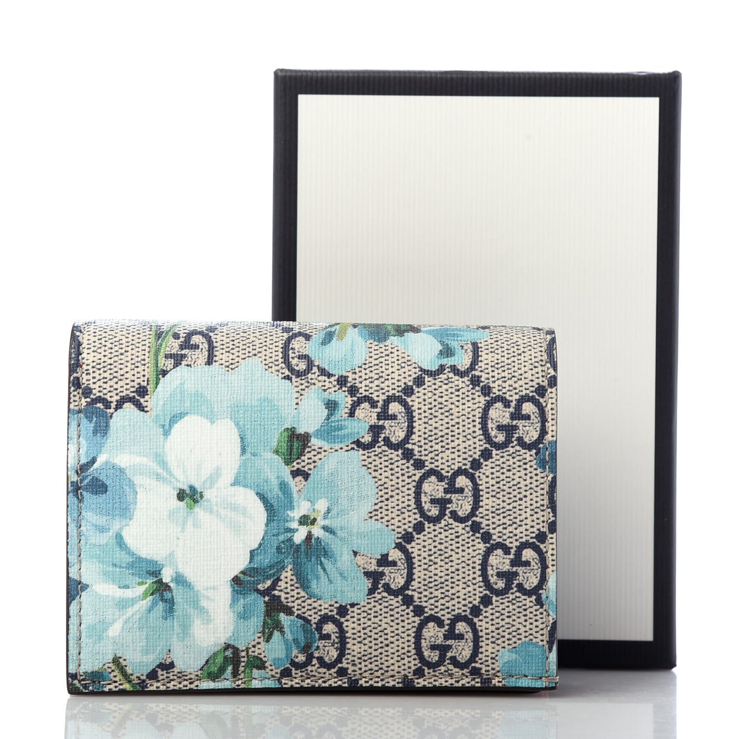 GG Supreme Monogram Blooms Card Case Wallet Beige Blue Navy Hibiscus Red