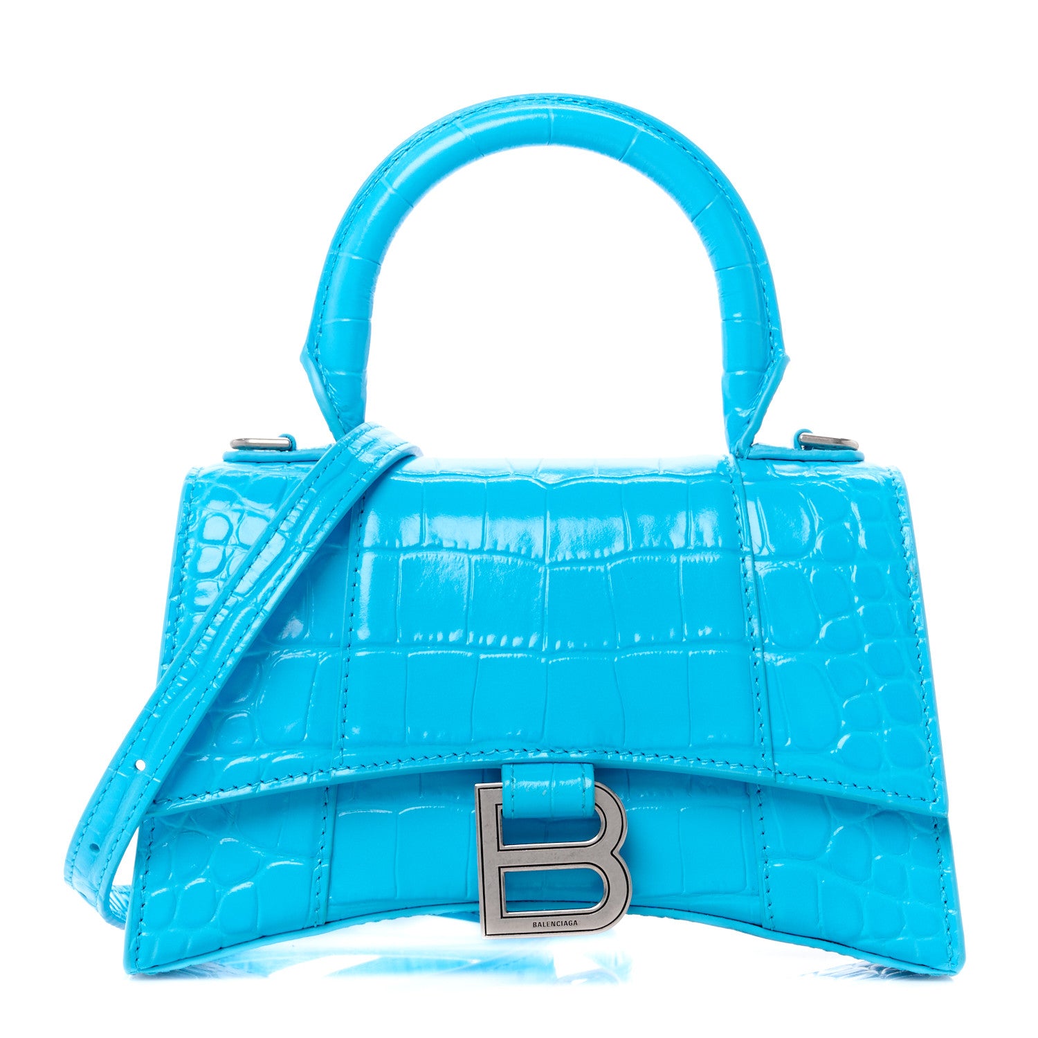 Balenciaga Shiny Calfskin Crocodile Embossed Hourglass Top Handle Bag XS Cyan 1 of 11