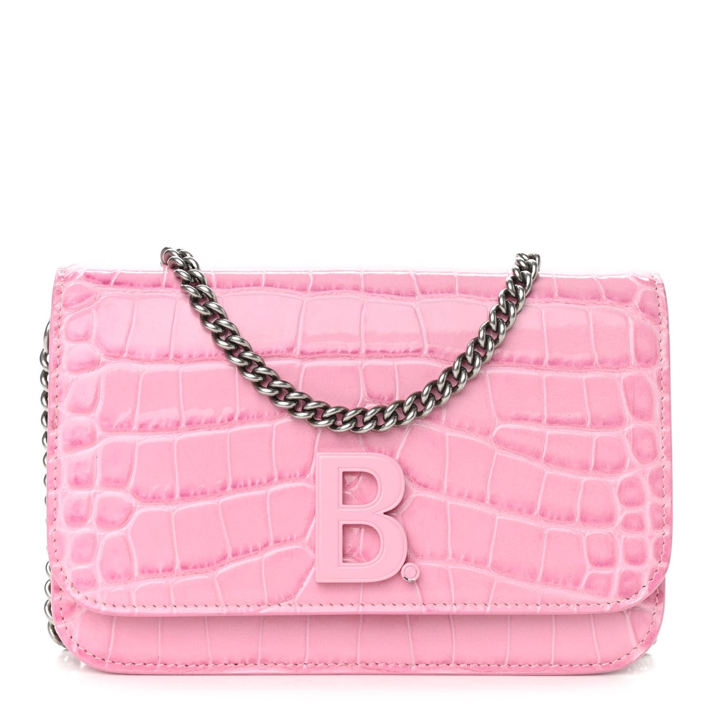 Patent Crocodile Embossed B Wallet On Chain Pink