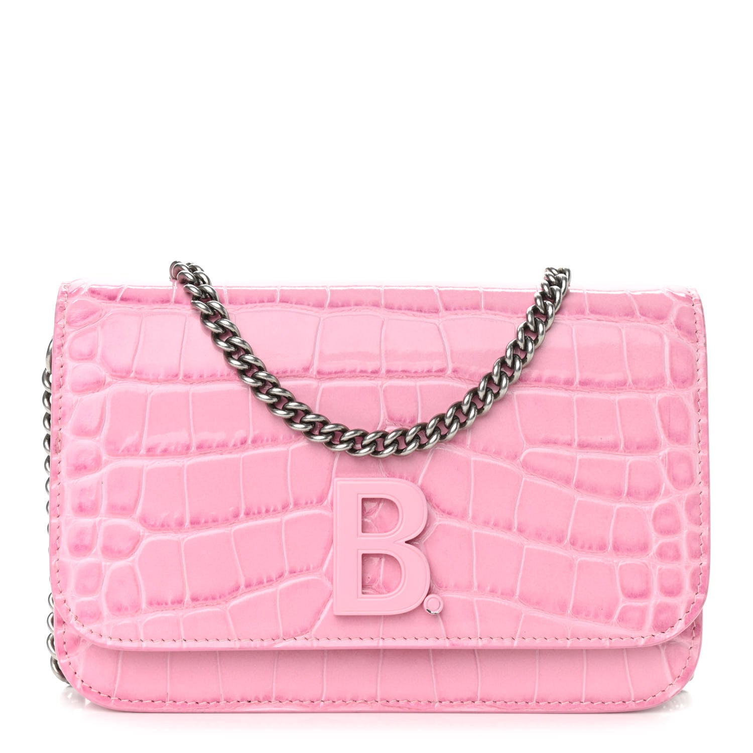 Balenciaga Patent Crocodile Embossed B Wallet On Chain Pink 1 of 10