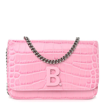 Balenciaga Patent Crocodile Embossed B Wallet On Chain Pink 1 of 10