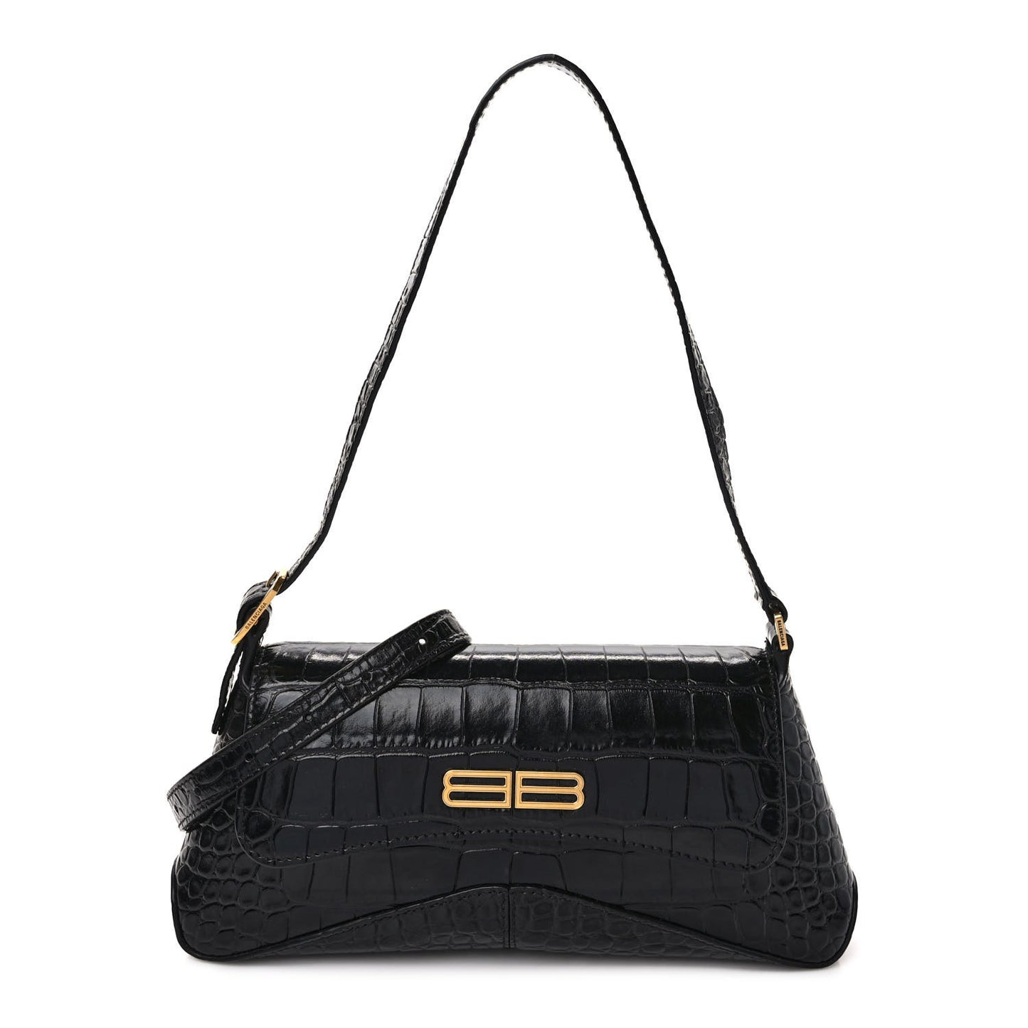 Shiny Super Supple Calfskin Crocodile Embossed Small XX Flap Stretch Bag Black