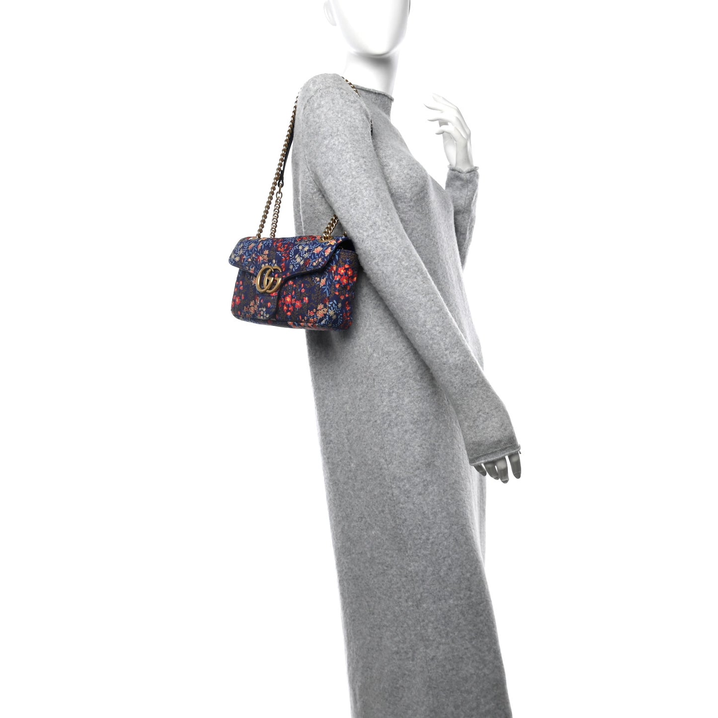 Cotton Calfskin Matelasse Floral Print Small GG Marmont Shoulder Bag Blue Red Deep Ocean Blue