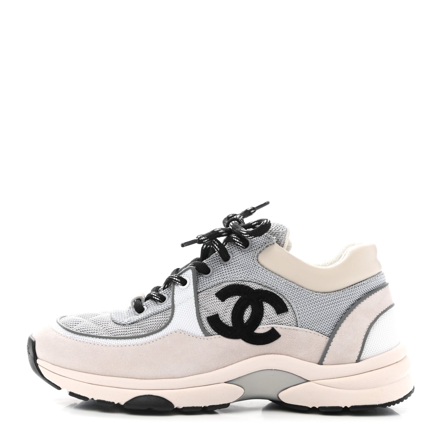 Mesh Suede Calfskin Grained Calfskin Womens CC Sneakers 38 Grey White