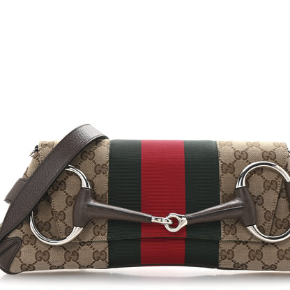 Gucci Monogram Textured Dollar Calfskin Heavy Grosgrain Web Medium Maxi Horsebit Chain Shoulder Bag Beige Ebony New Acero 1 of 10