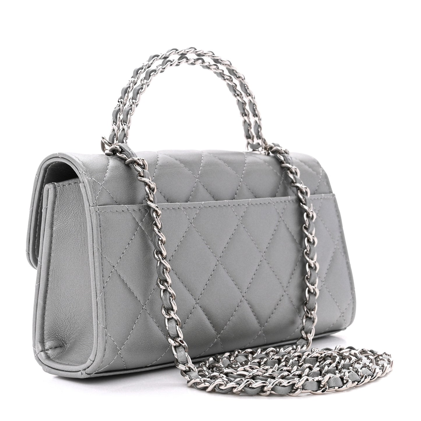 Lambskin Quilted Chain Top Handle Phone Holder With Chain Silver