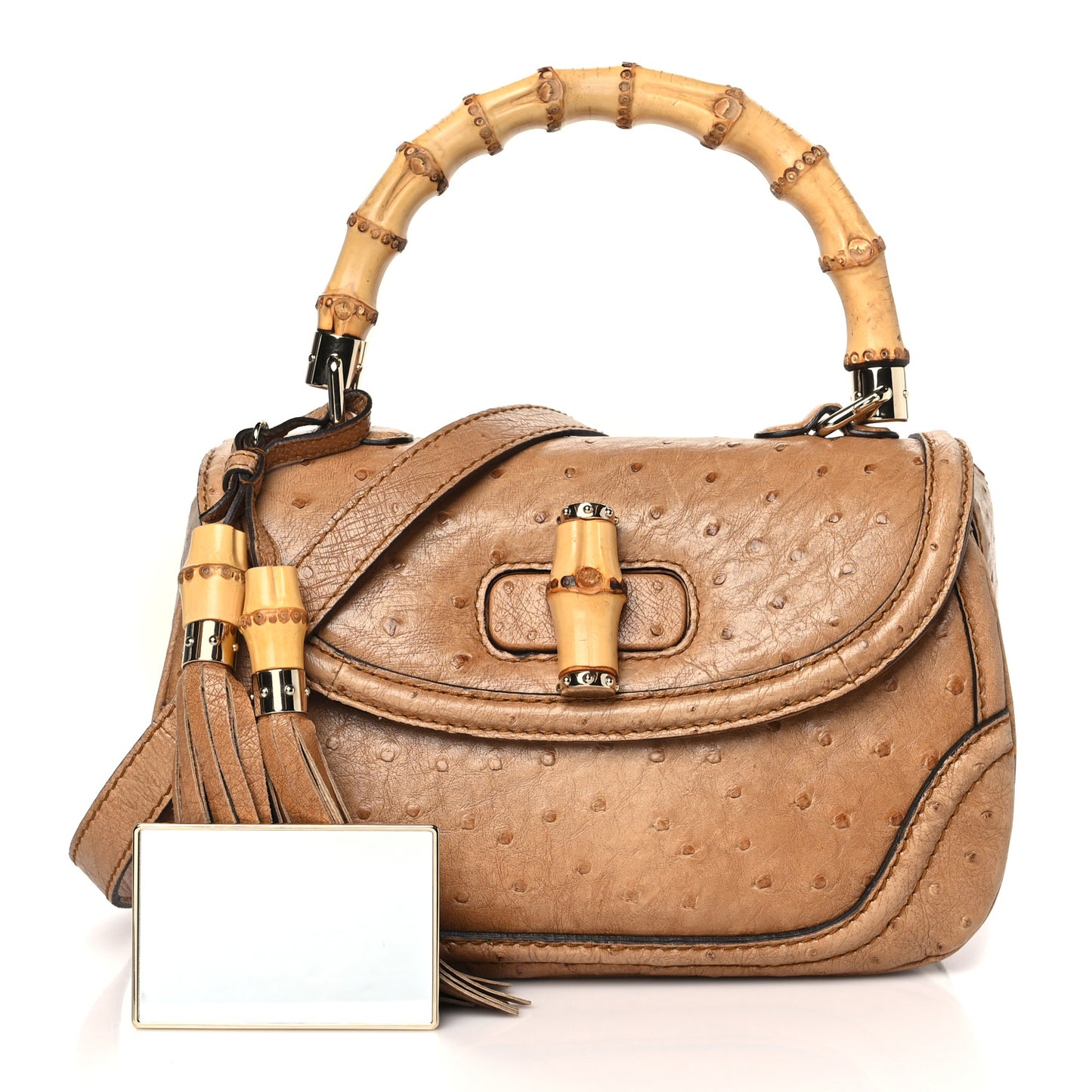 Ostrich Medium New Bamboo Top Handle Bag Brown