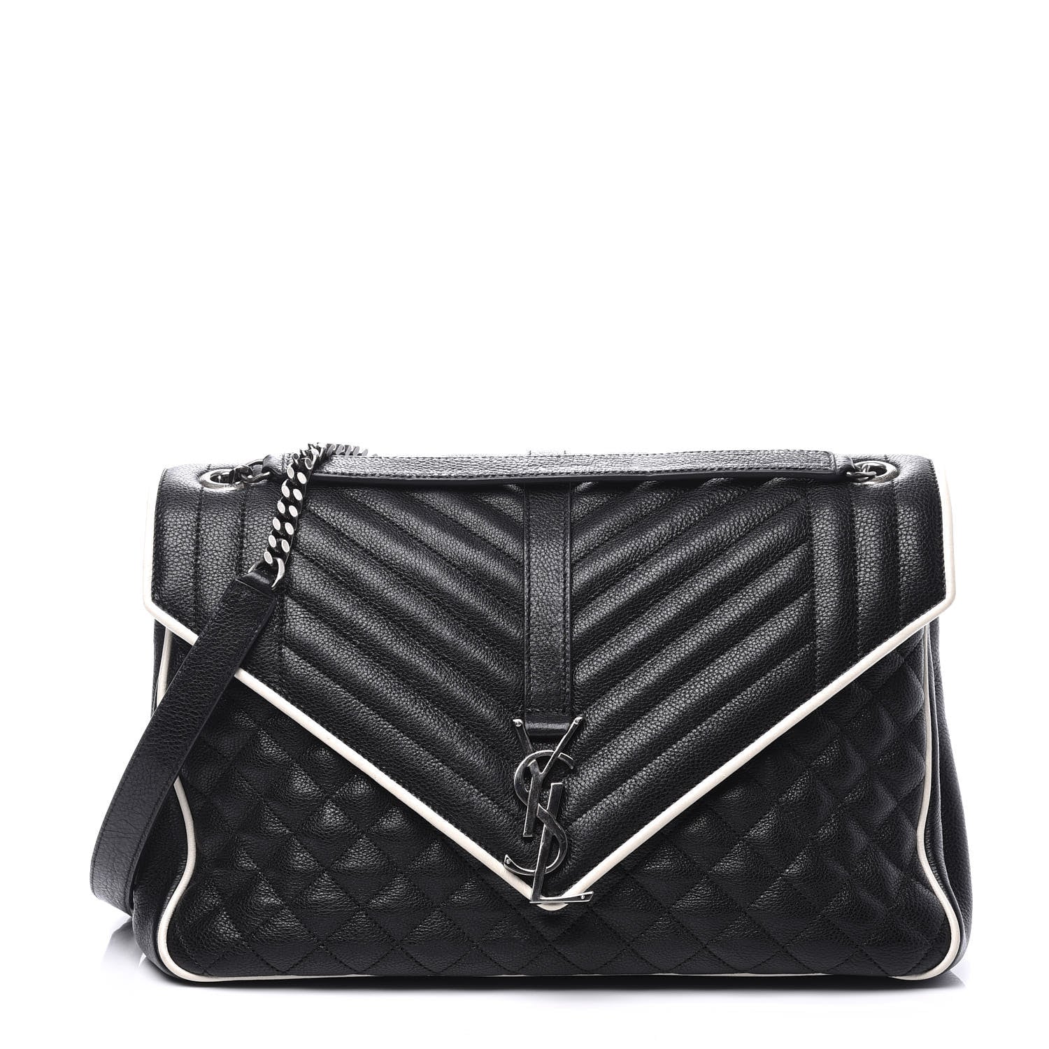 Saint Laurent Calfskin Mixed Matelasse Triquilt Large Monogram Envelope Satchel Black White 1 of 12