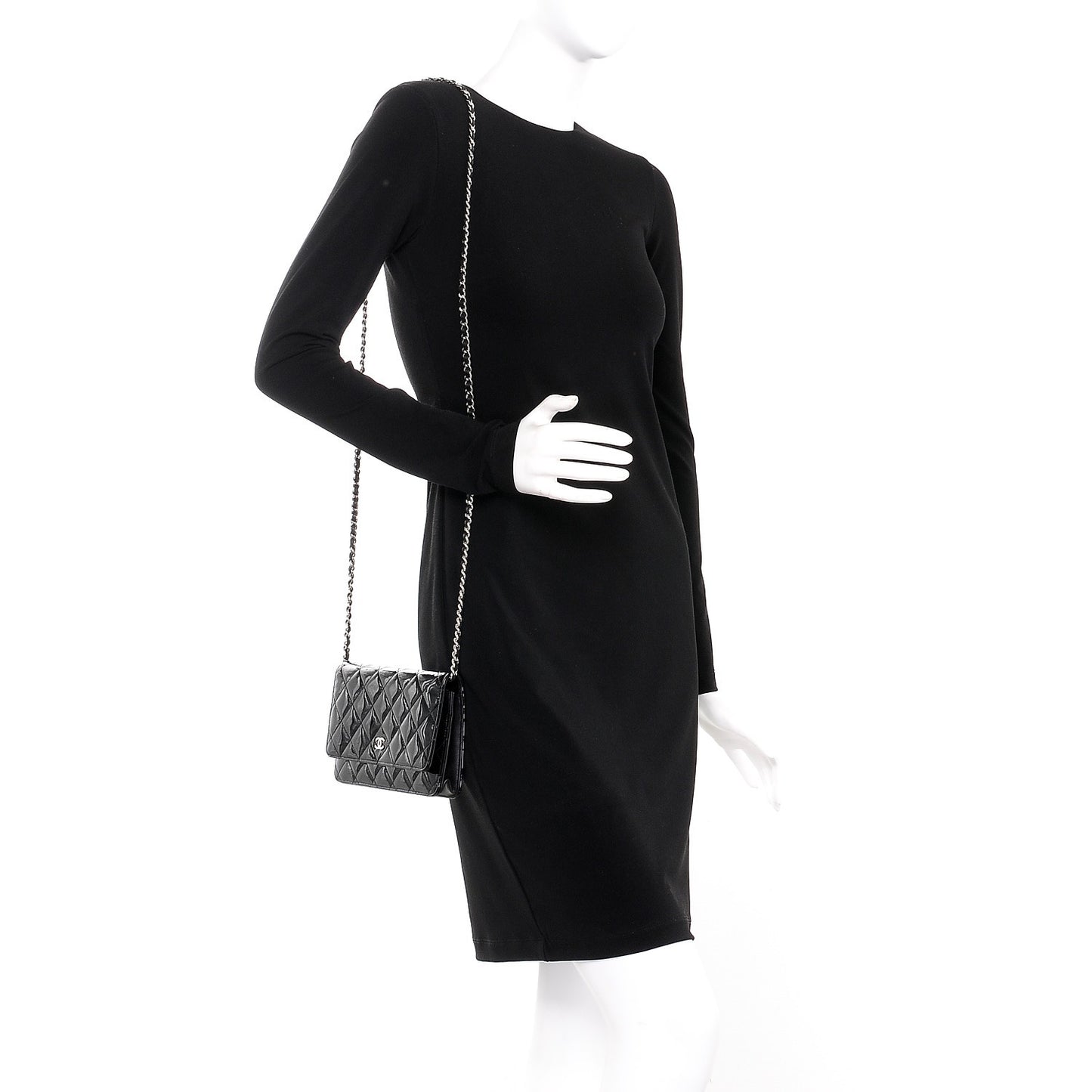 Patent Quilted Wallet On Chain WOC Black