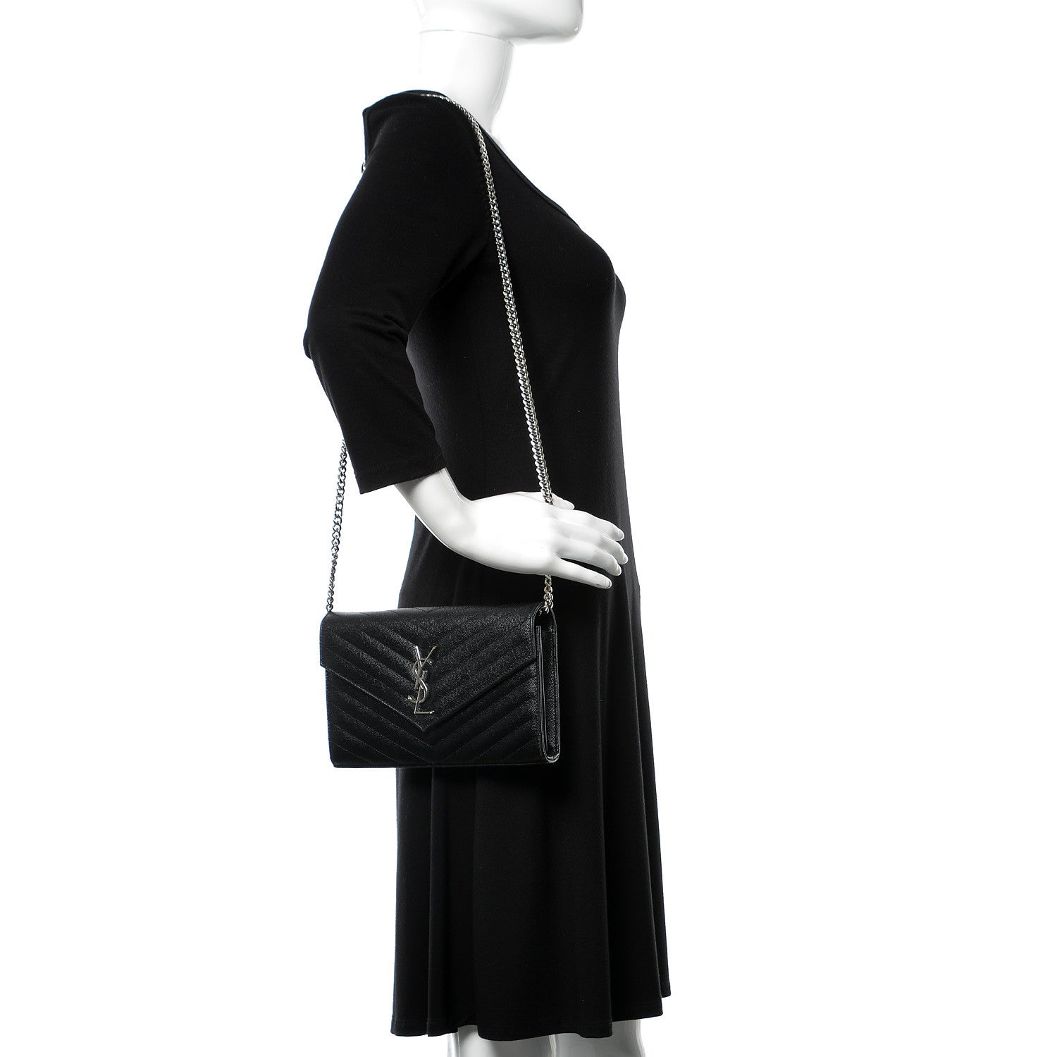 Saint Laurent Grain De Poudre Matelasse Chevron Monogram Chain Wallet Black 2 of 10