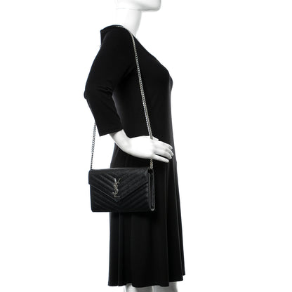Saint Laurent Grain De Poudre Matelasse Chevron Monogram Chain Wallet Black 2 of 10