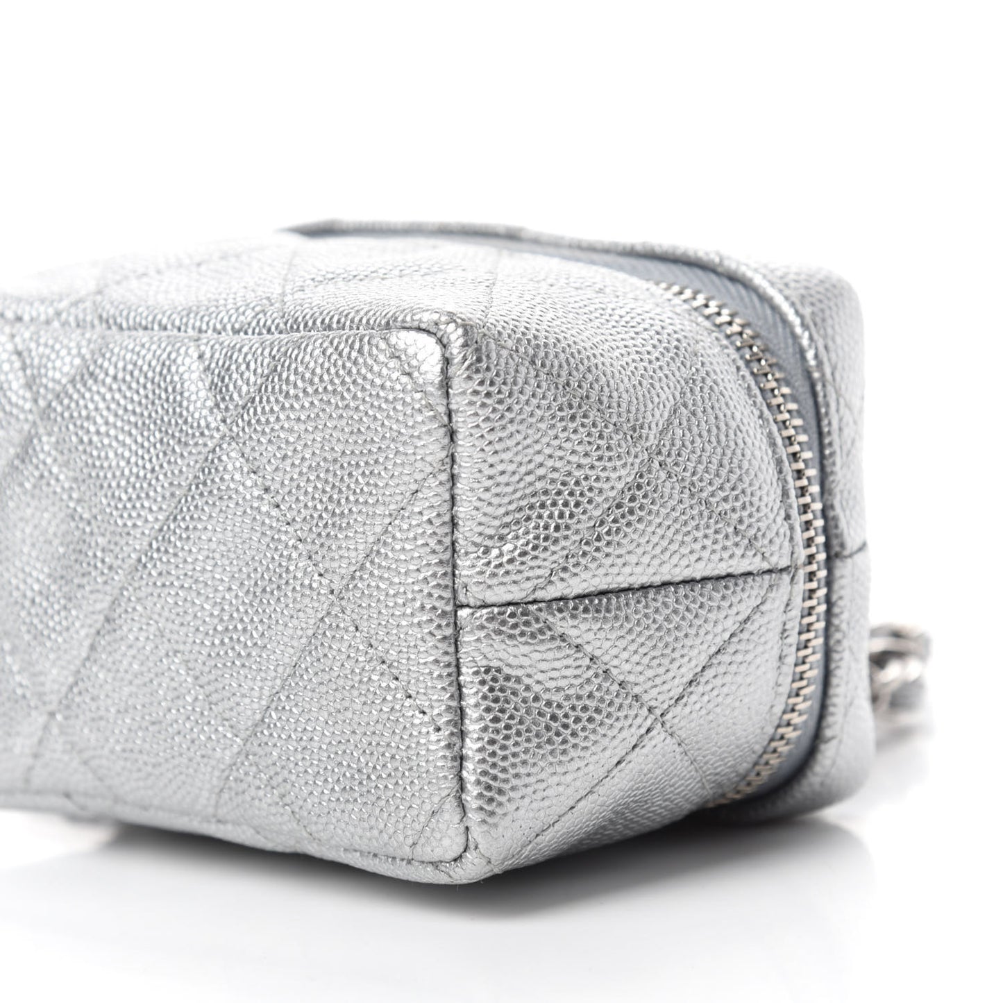 Metallic Caviar Quilted Mini Top Handle Vanity With Chain Silver