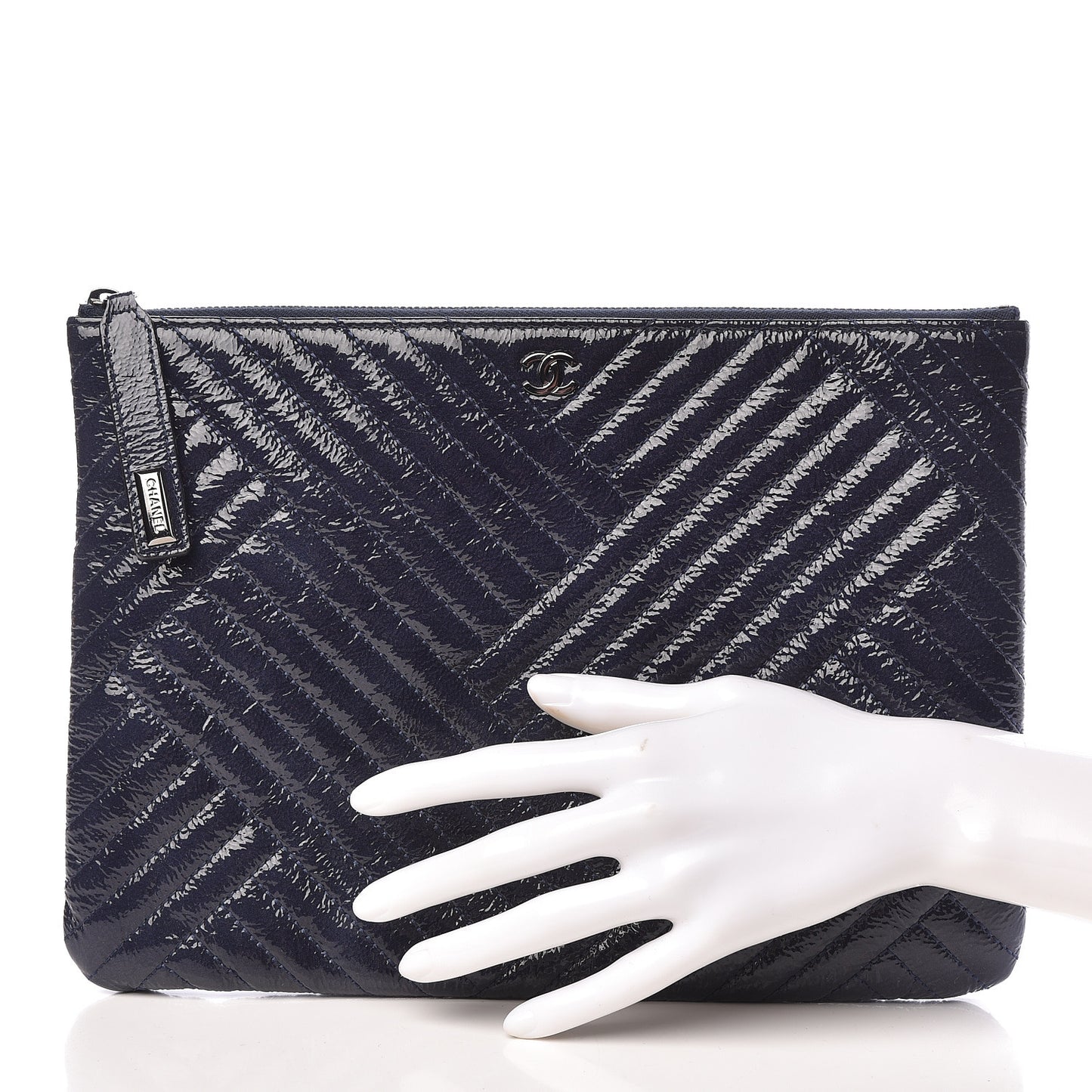 Distressed Patent Chevron Quilted Medium CC Crossing Cosmetic Case Blue