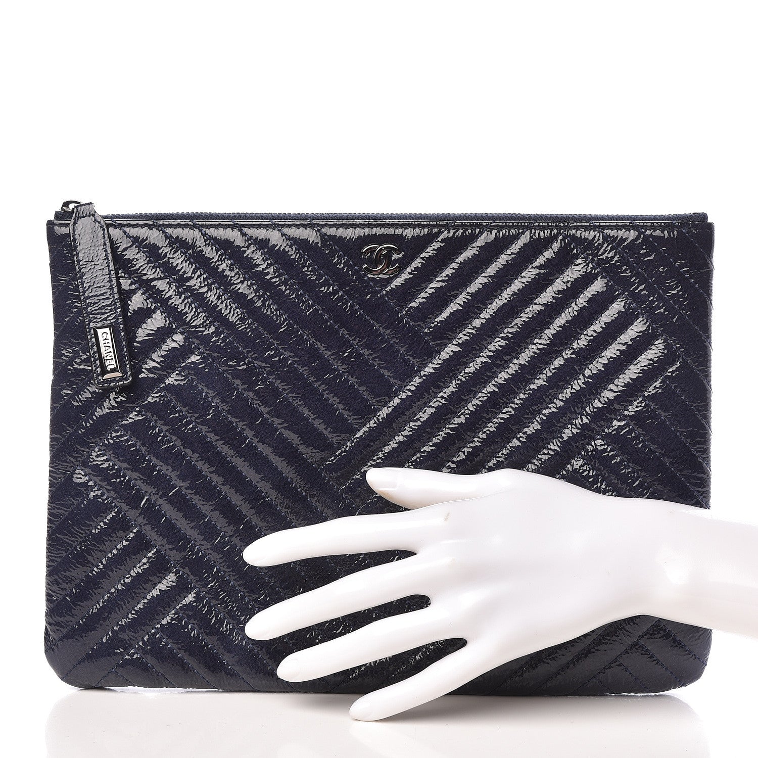 Chanel Distressed Patent Chevron Quilted Medium CC Crossing Cosmetic Case Blue 2 of 10