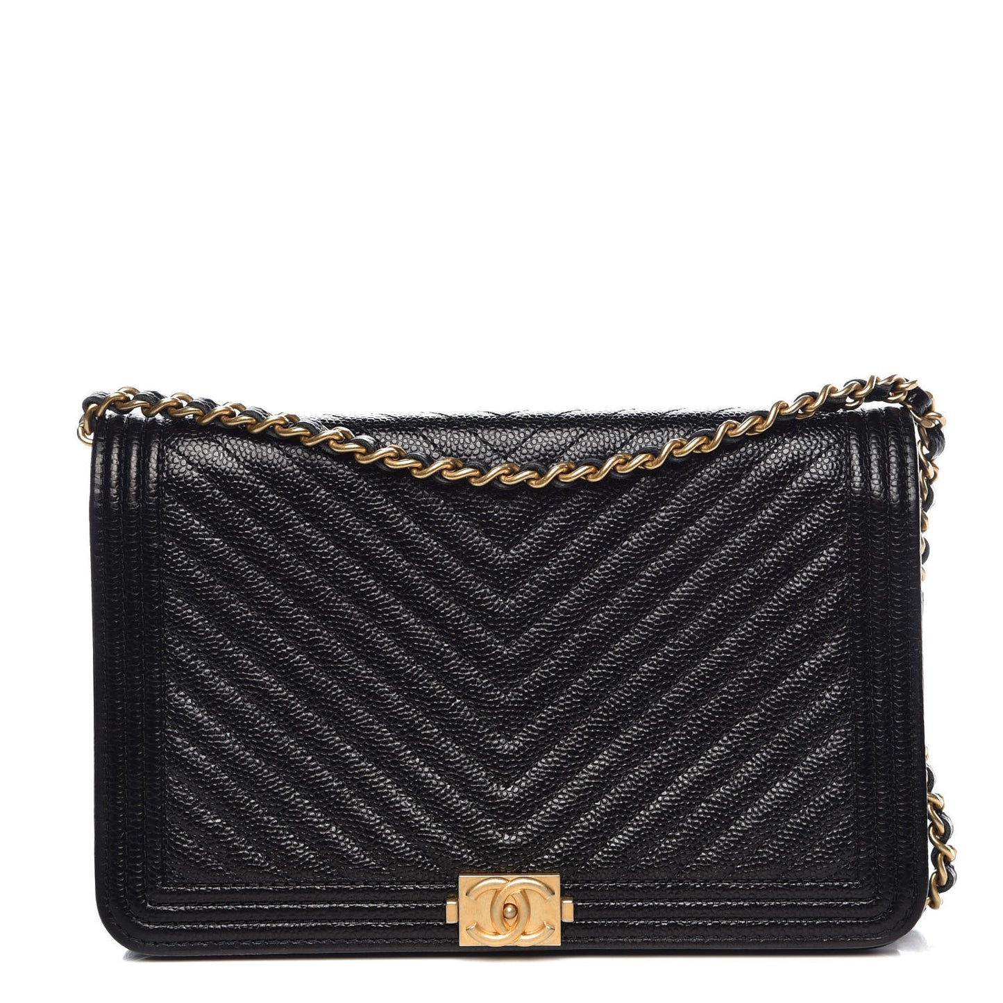 Caviar Chevron Quilted Boy Wallet On Chain WOC Black