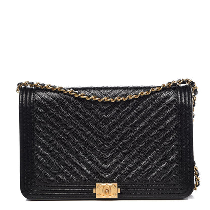 Chanel Caviar Chevron Quilted Boy Wallet On Chain WOC Black 1 of 11