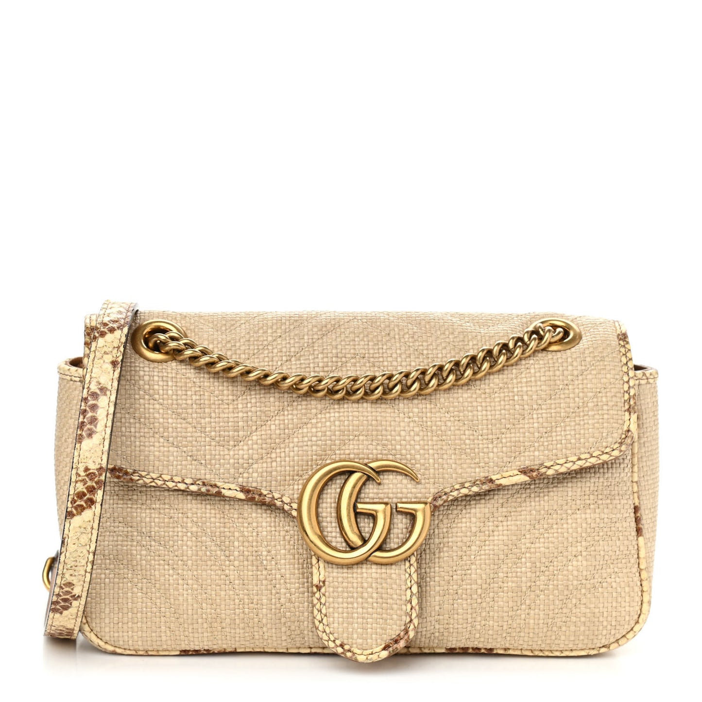 Raffia Elaphe Matelasse Small GG Marmont Shoulder Bag Natural Cream Brown