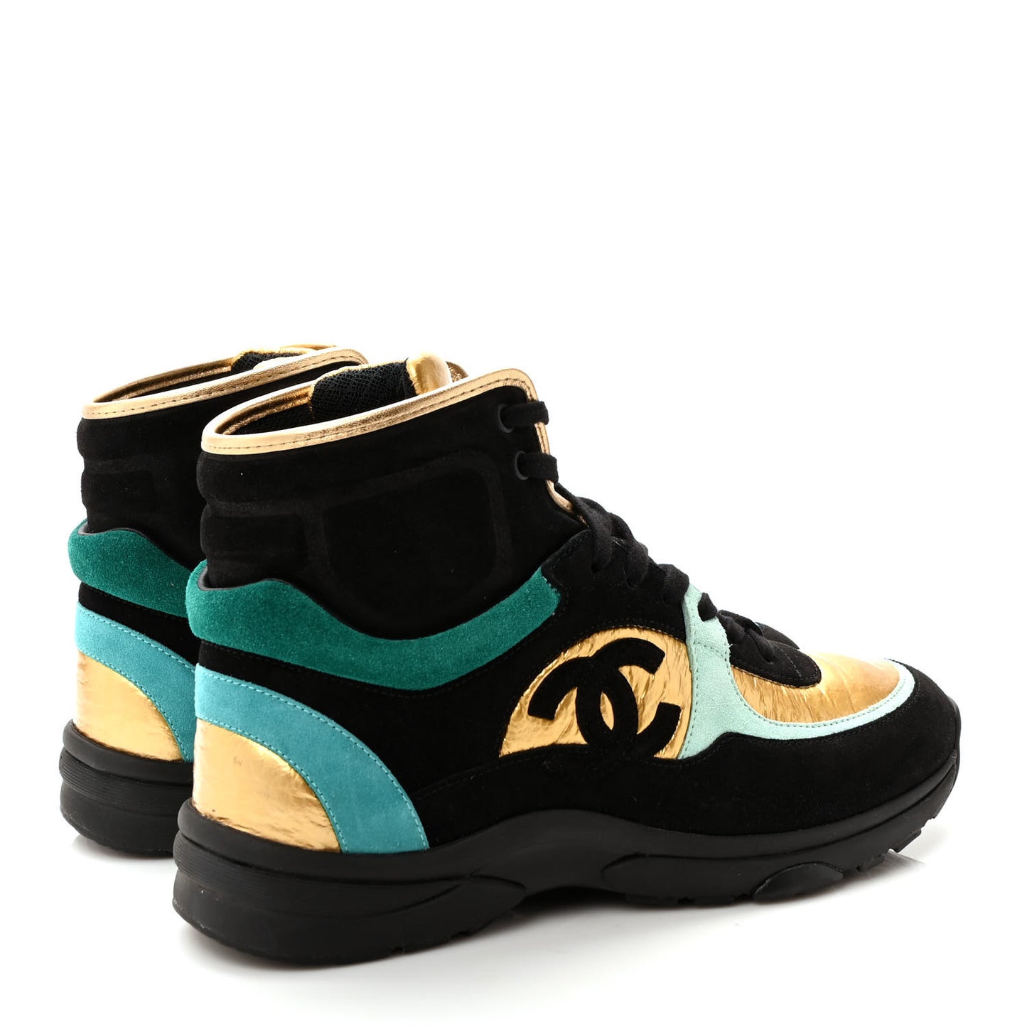 Suede Calfskin Fabric CC High Top Sneakers 38.5 Black Turquoise Gold