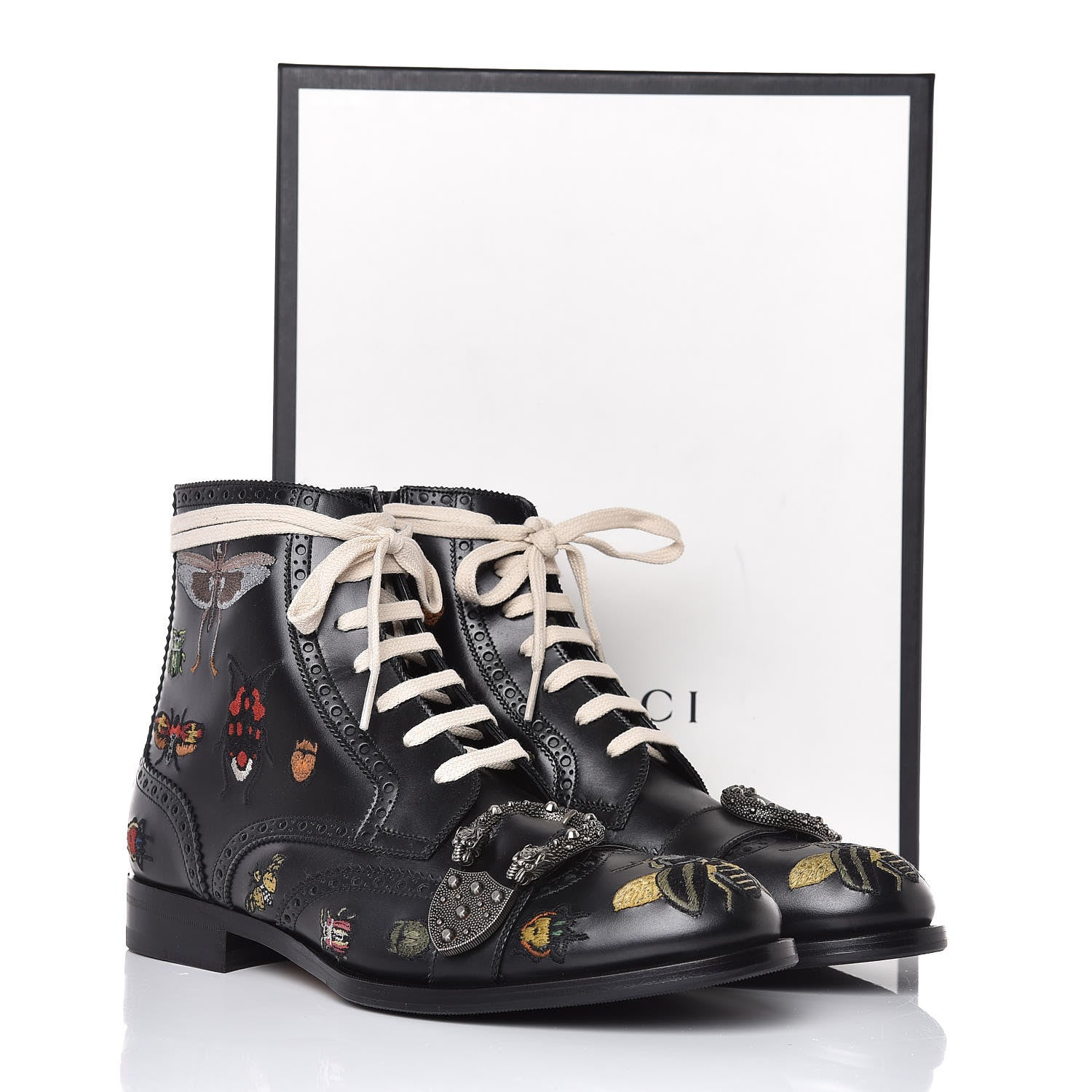 Gucci Calfskin Bug Embroidered Mens Queercore Brogue Wingtip Boots 9 Black 10 of 10