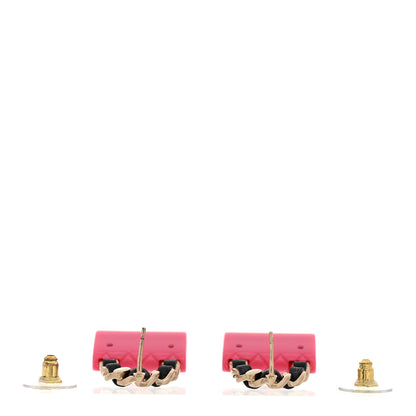 Chanel Calfskin Metal Resin CC Quilted Flap Earrings Gold Black Pink 3 of 6
