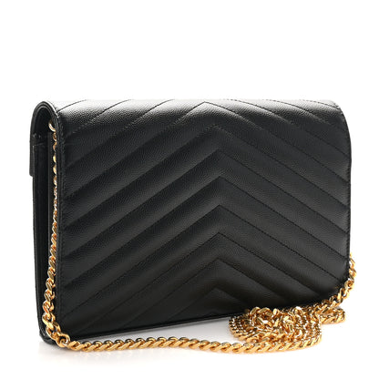 Saint Laurent Grain De Poudre Matelasse Chevron Monogram Chain Wallet Black 3 of 10